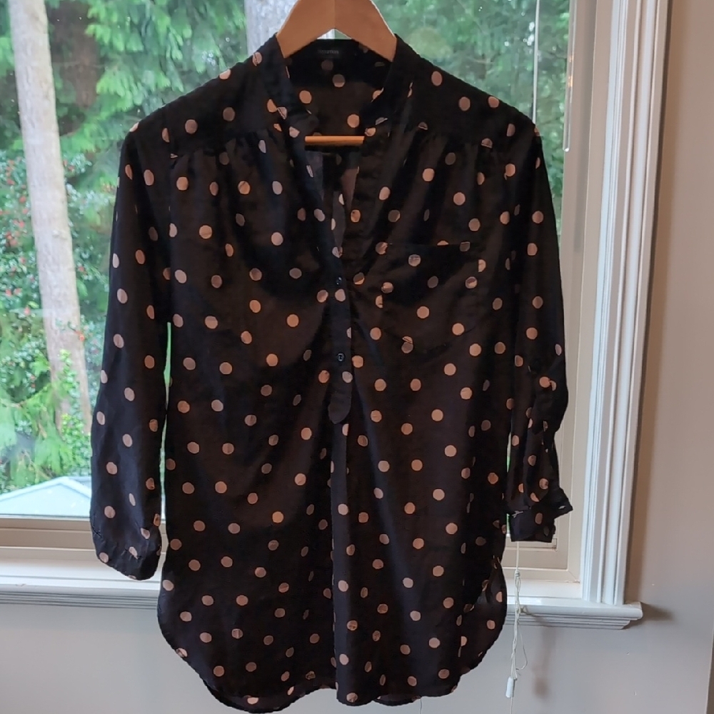 Black Taupe Polka Dot Button Front Tunic Blouse Size M